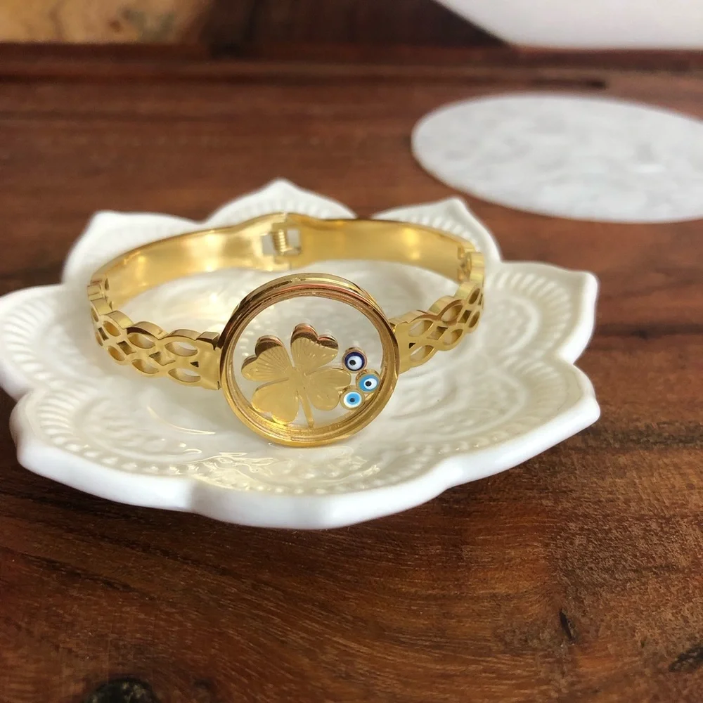 Women’s Gold Plated Lucky Clover Evil Eye Stainless Steel Bracelet Bangle Gifts